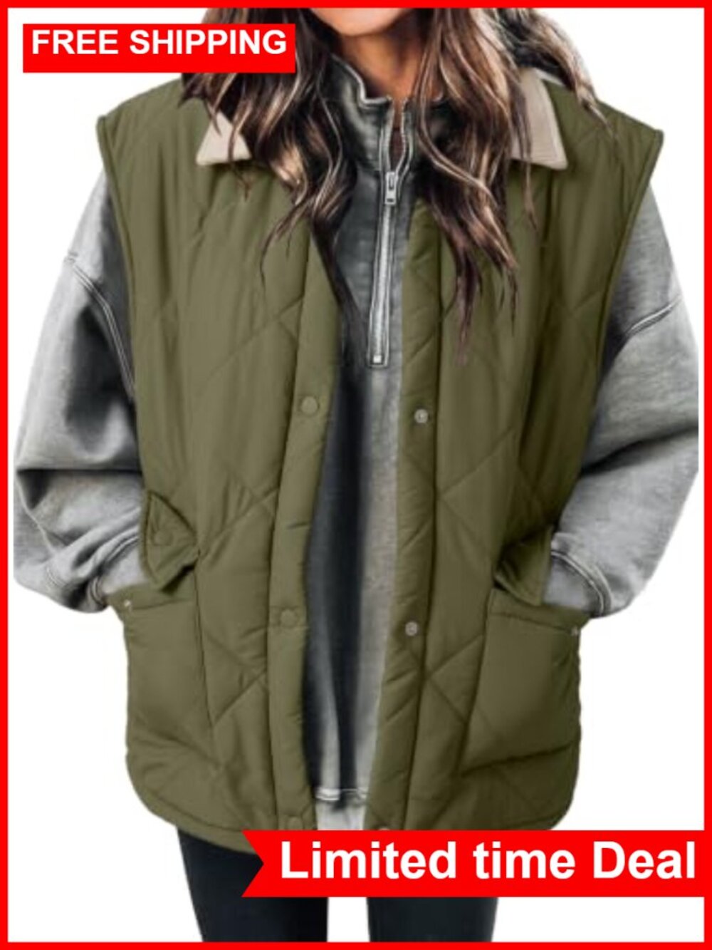 Quilted Puffer Vest Button Down Corduroy Lapel Collar Sleeveless